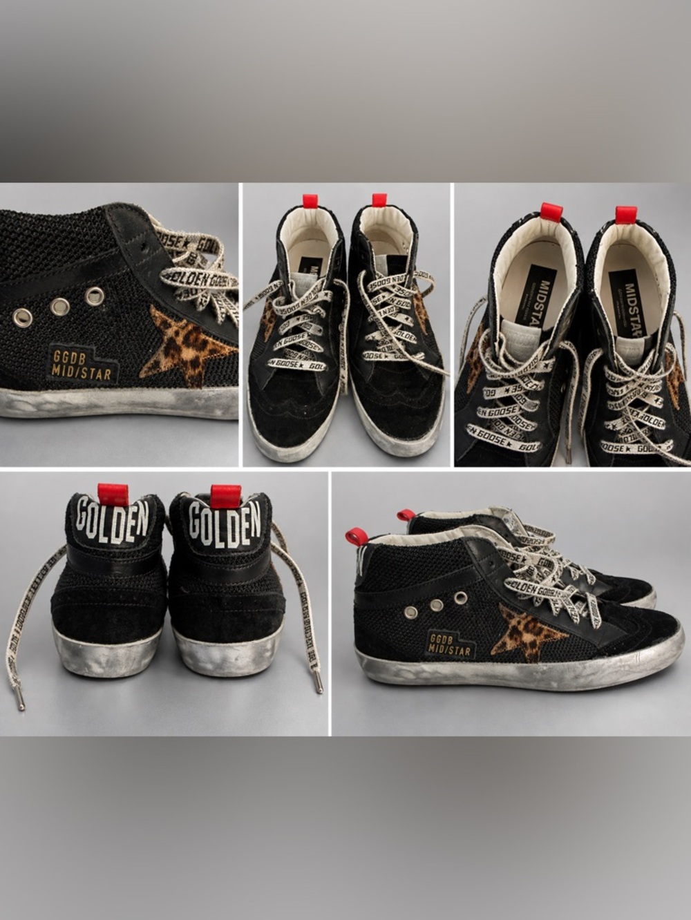 RARE Golden Goose Black High-Top Sneakers w/Leopard Star & Red Heel Tabs Size 39